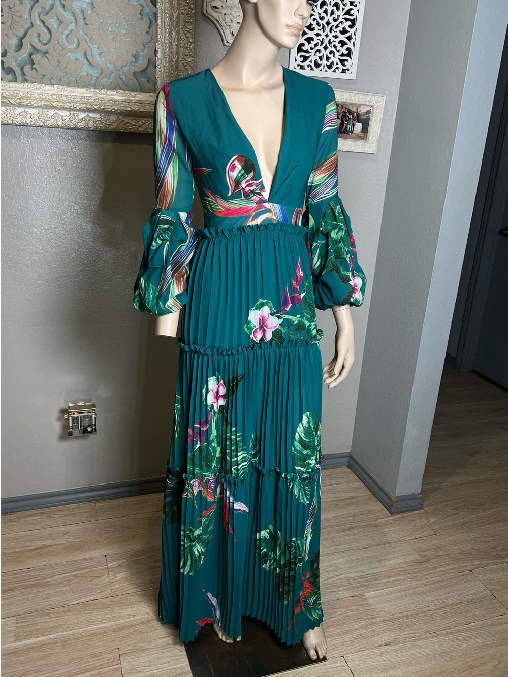 Banjul Teal Tropical Floral V-Neck Maxi Dress - Picture 8 of 15